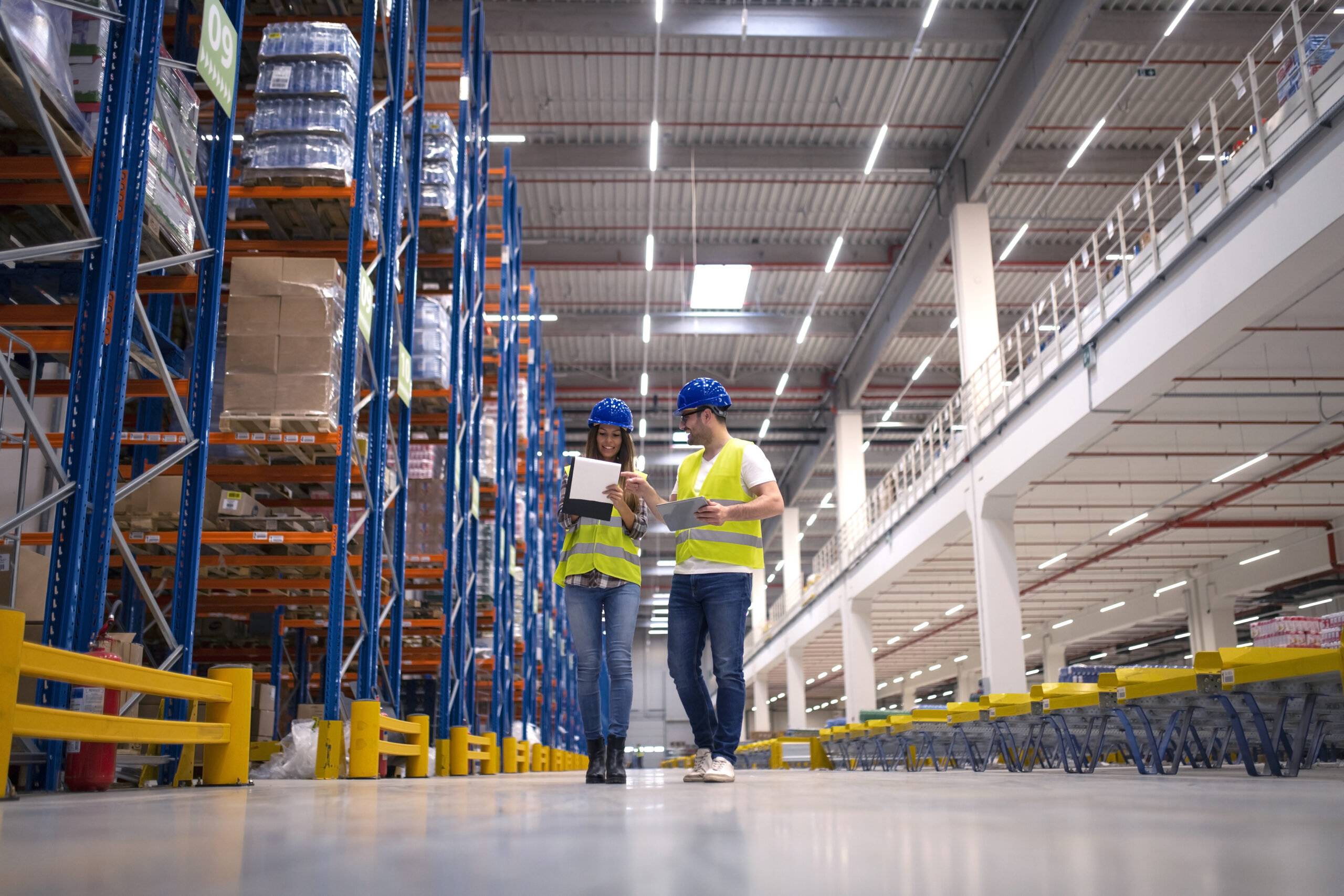 Warehouse workers working together on organizing goods distribution to the market.